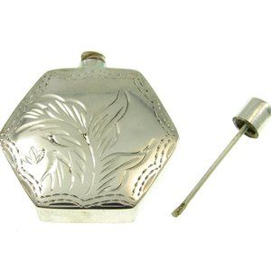 Solid 925 Sterling Silver Etched Floral Hexagon Perfume Bottle with Dip Stick